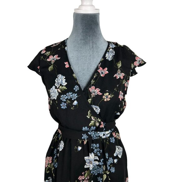 BO.G Collective Floral Wrap Maxi Dress Black/Blue Small With Flutter Sleeves NWT - Picture 5 of 16